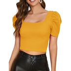 Women Puff Sleeve Mustard Crop Top