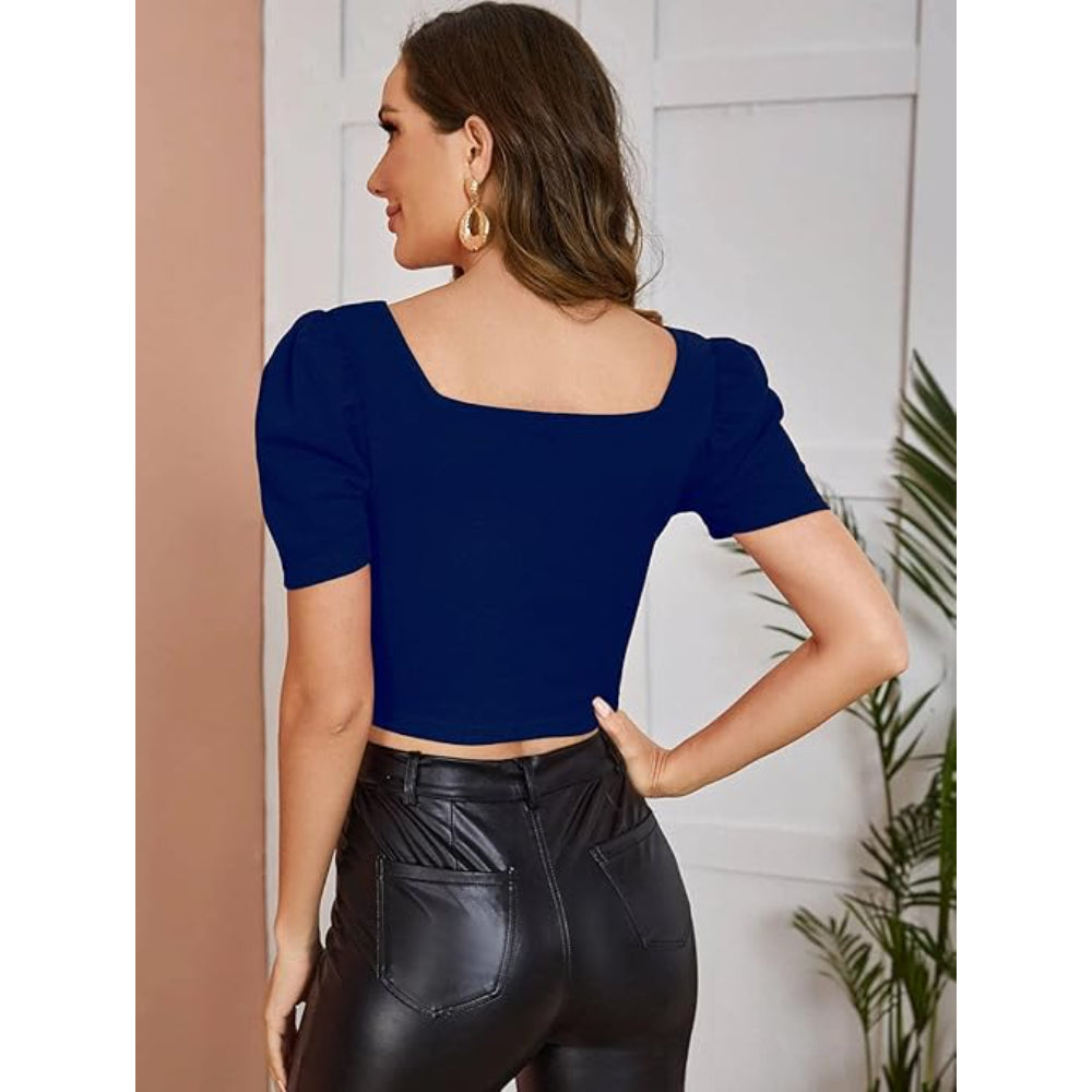Women Puff Sleeve Navy Blue Crop Top