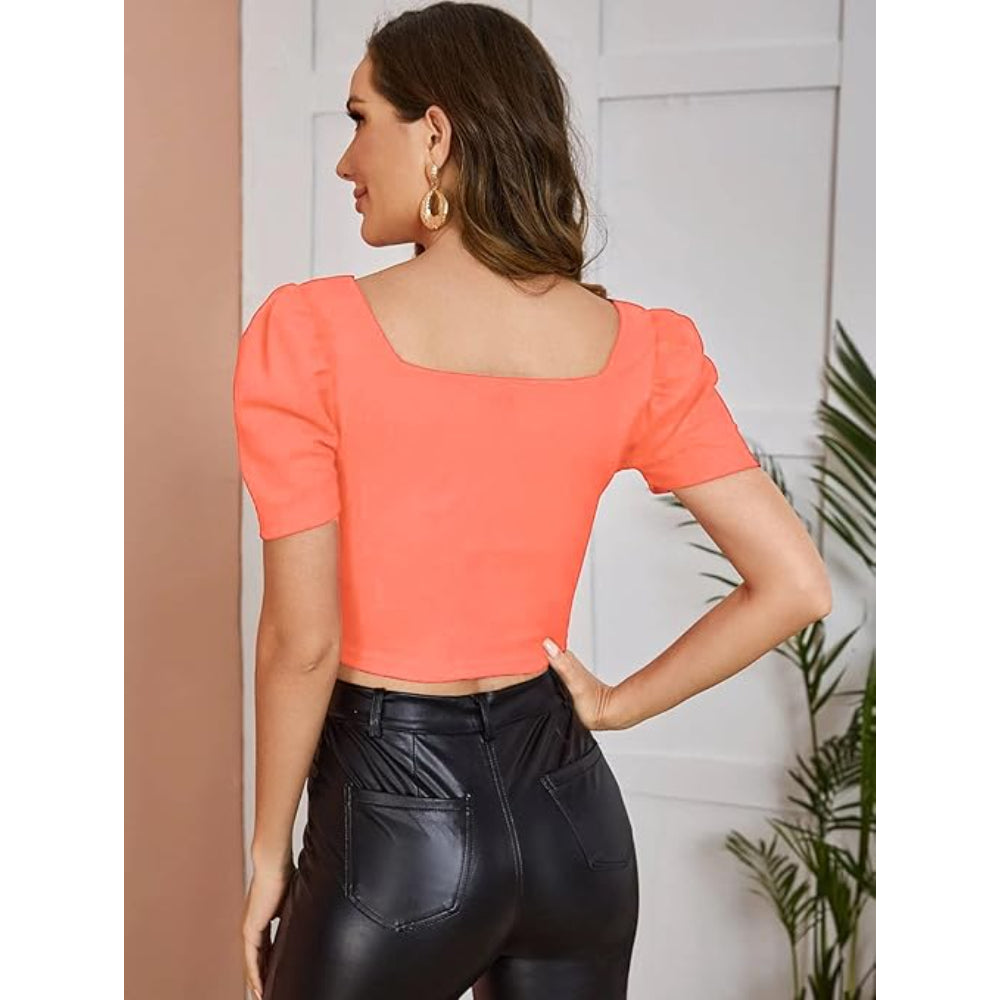 Women Puff Sleeve Orange Crop Top