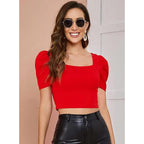 Women Puff Sleeve Red Crop Top