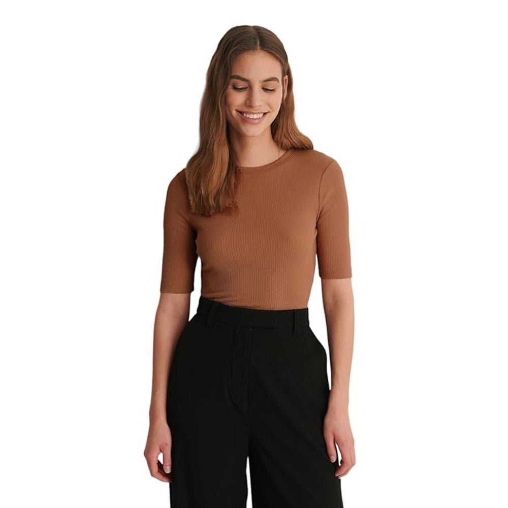 Women Round Neck Solid Coffee Brown Top