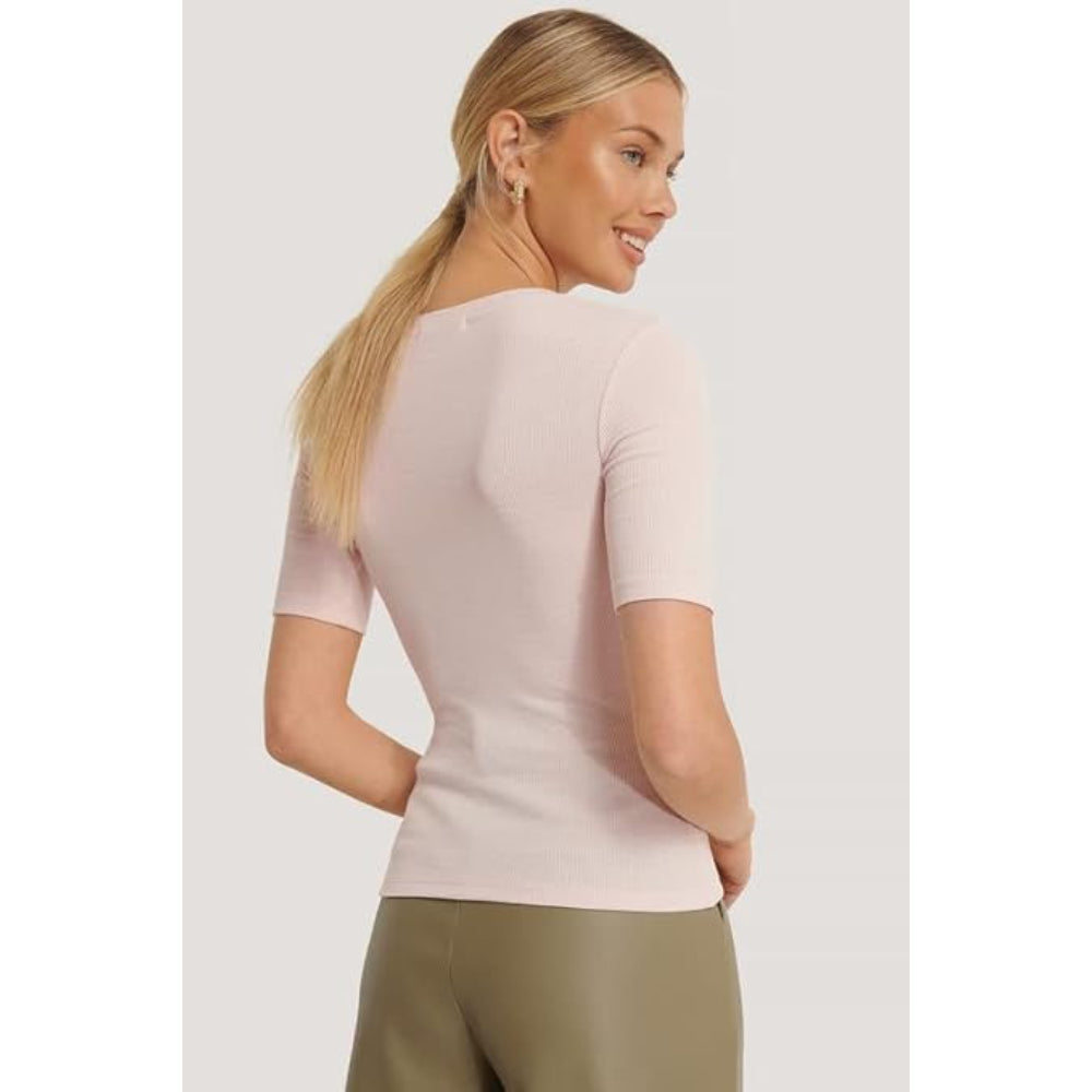 Women Round Neck Solid Coral Top
