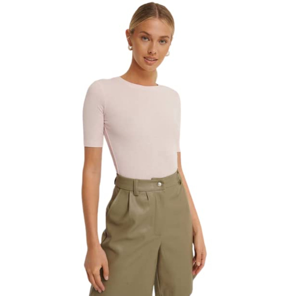 Women Round Neck Solid Coral Top