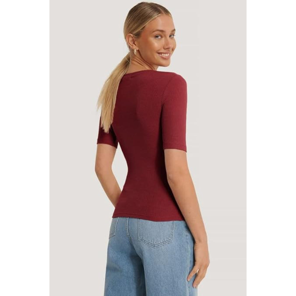 Women Round Neck Solid Maroon Top