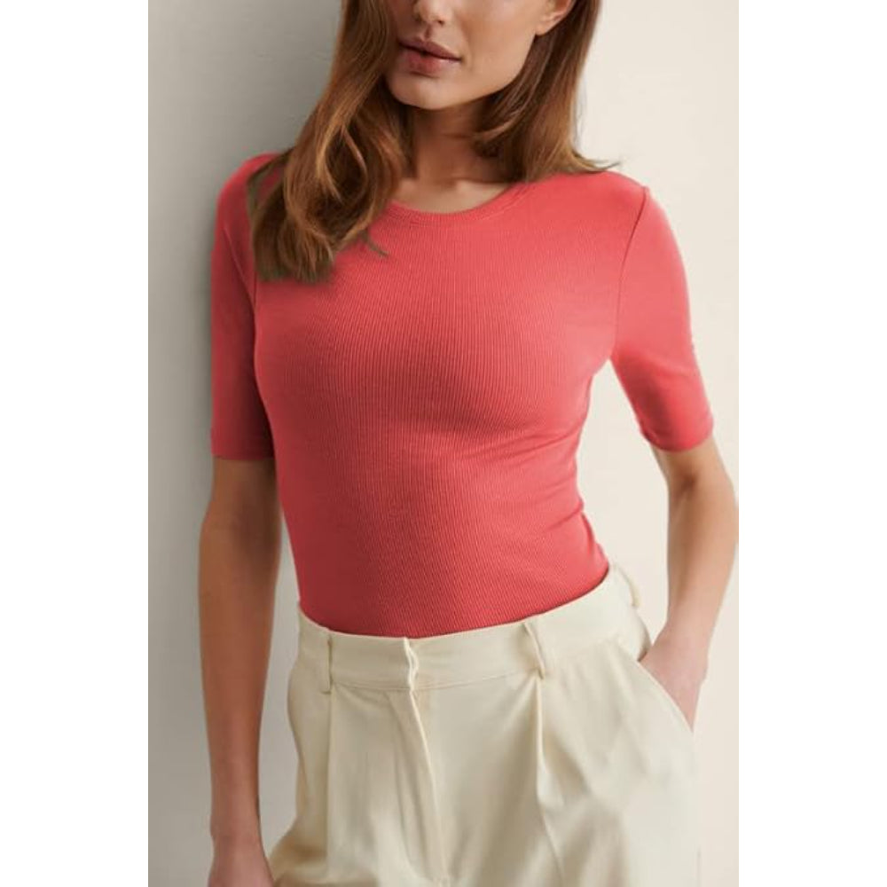 Women Round Neck Solid Pink Top