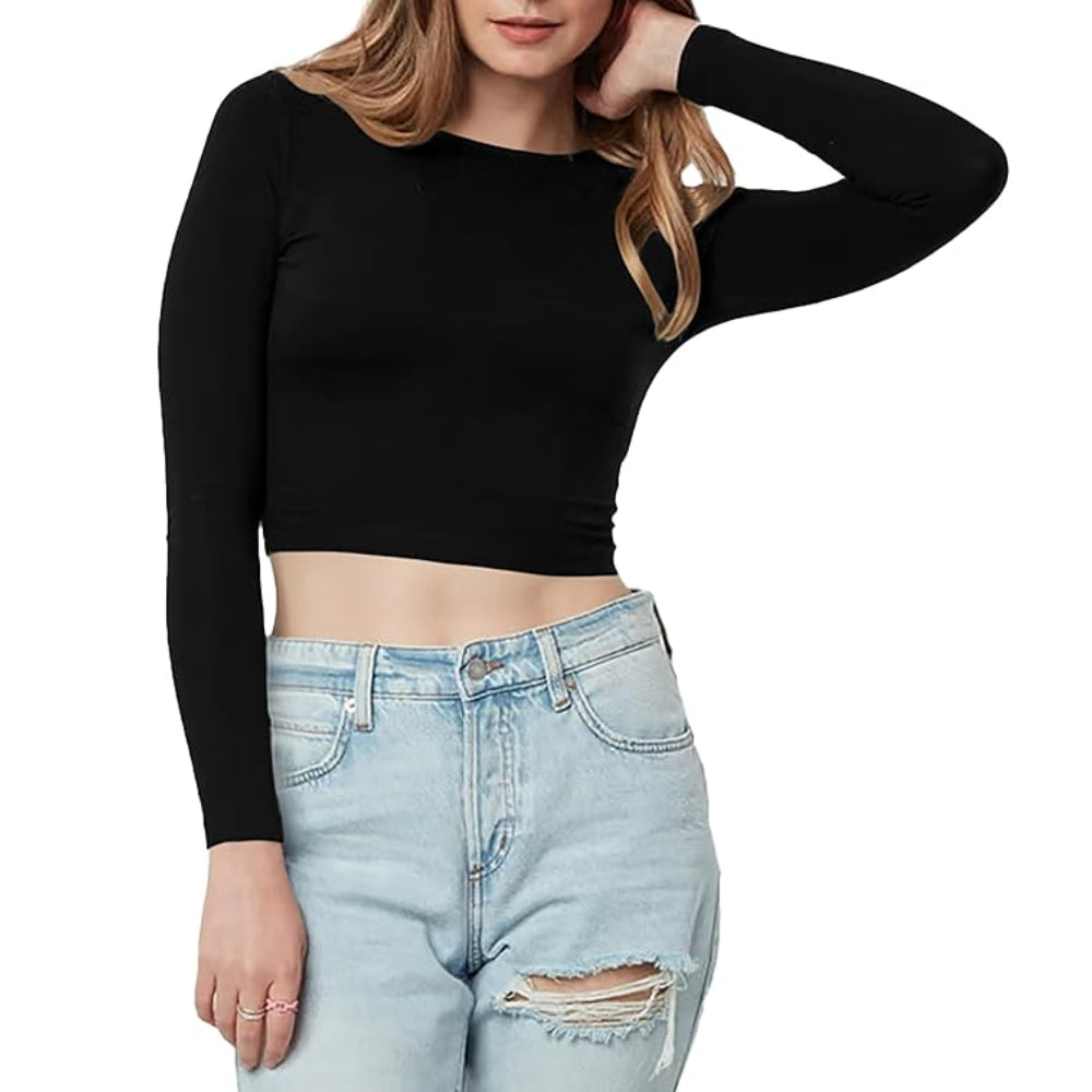 Women Cotton Boat Neck Black Top