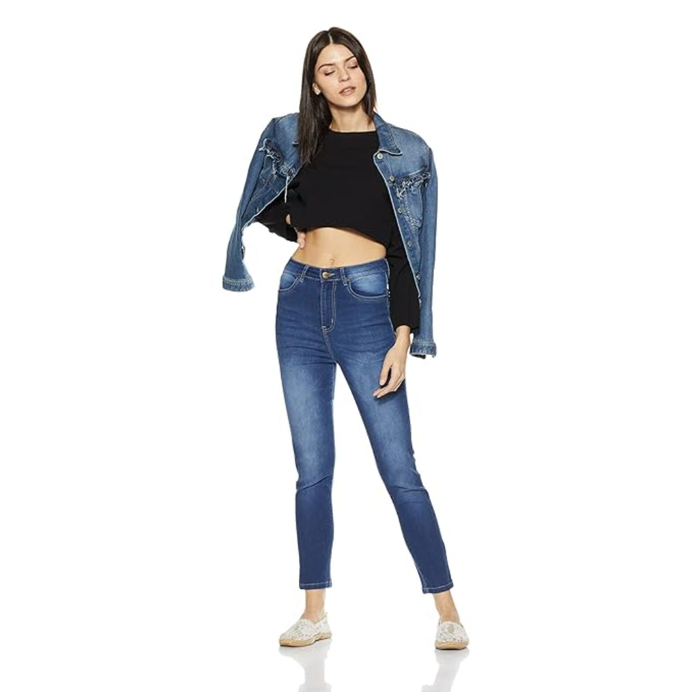 Women Stretchable Denim Mid Blue Jeans