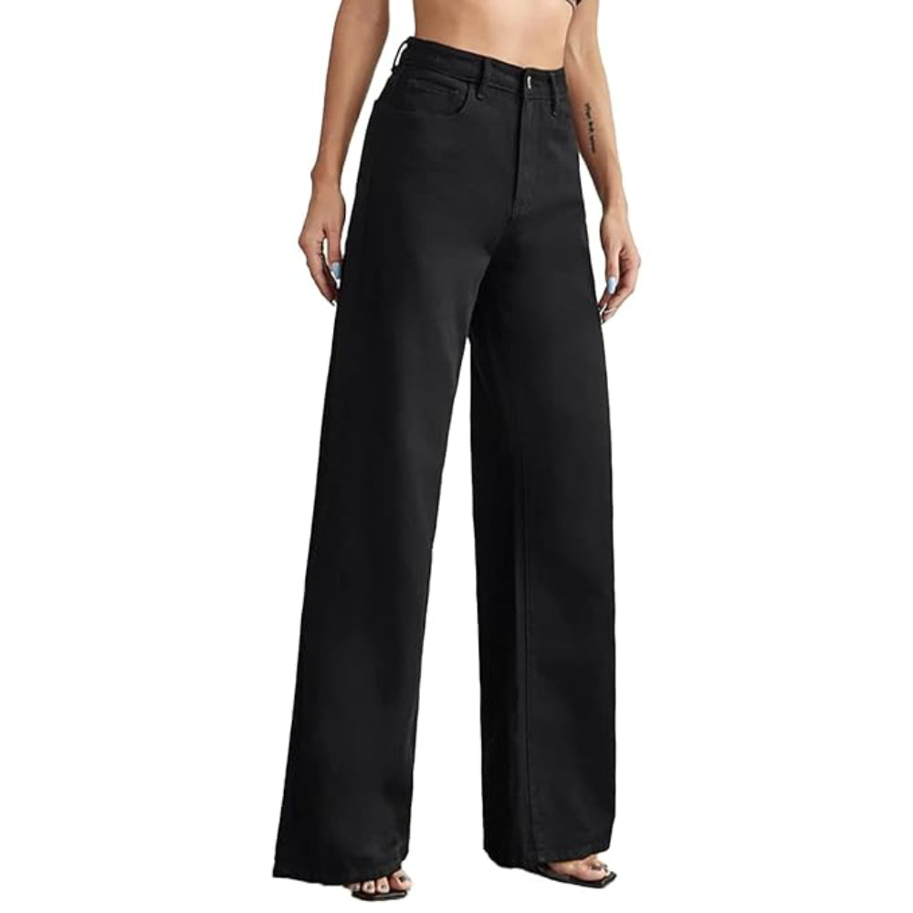 Womens High Rise Wide Dark Black Jeans