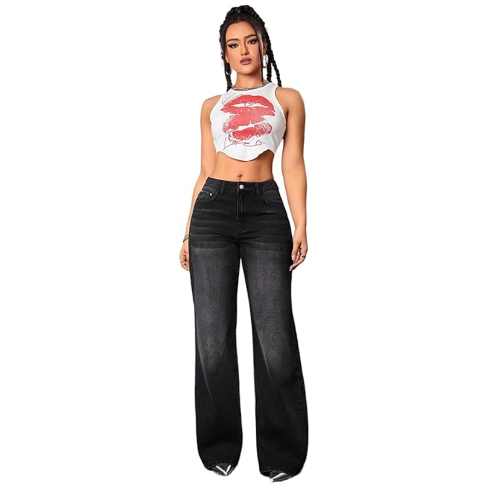 Women High Waisted Faded Black Jeans