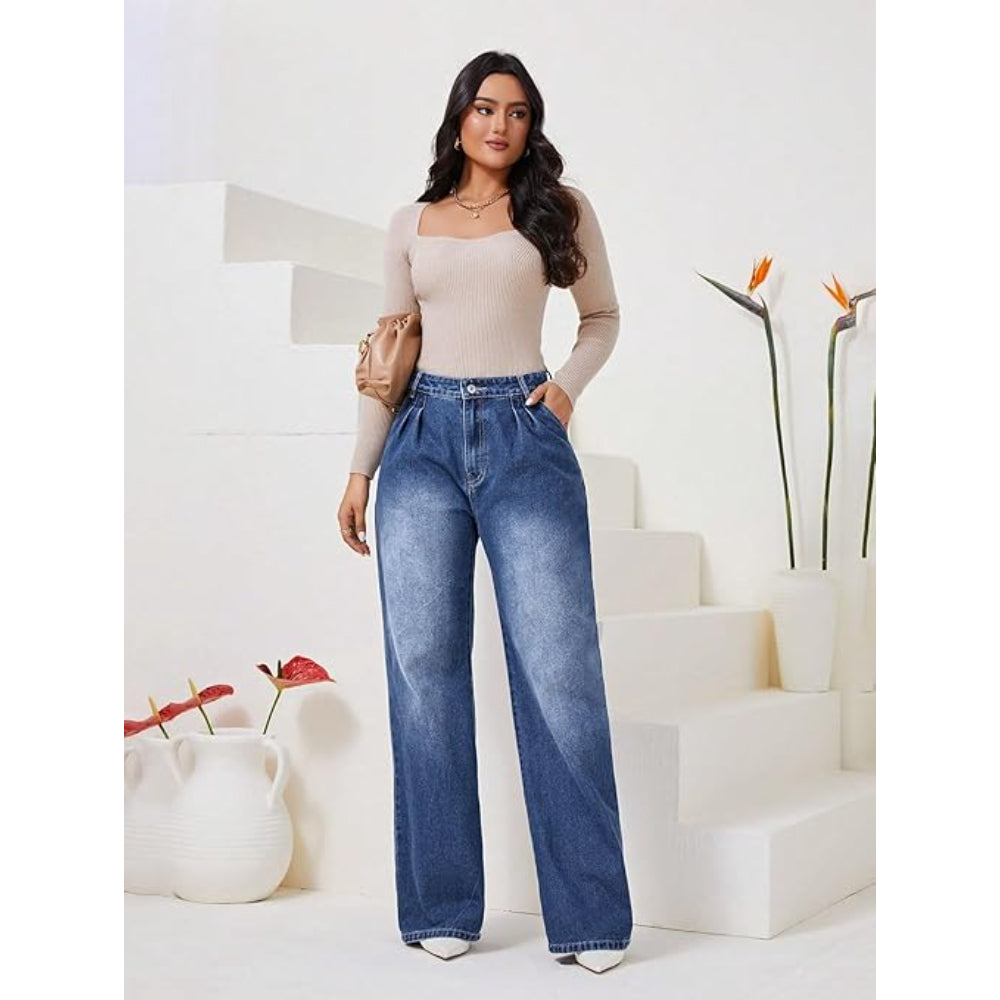Women High Waisted Faded Blue Jeans