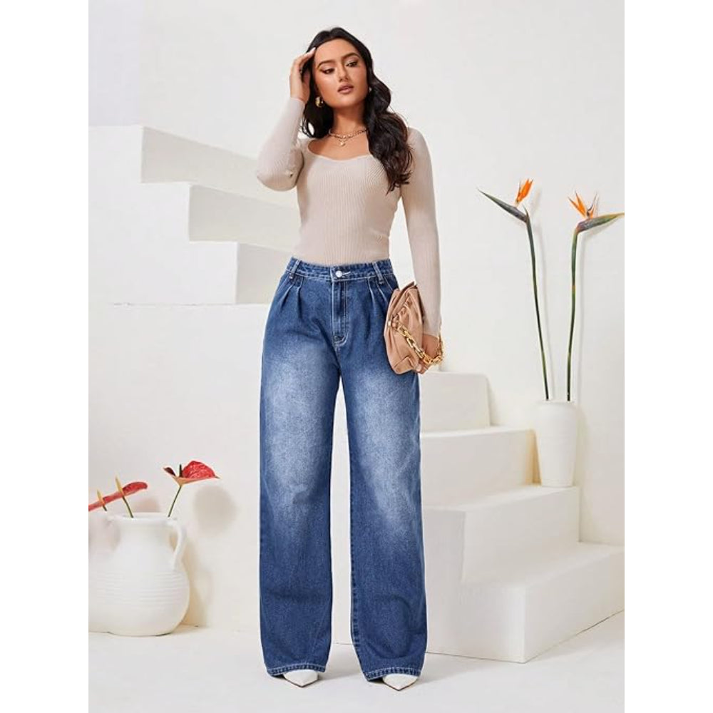 Women High Waisted Faded Blue Jeans