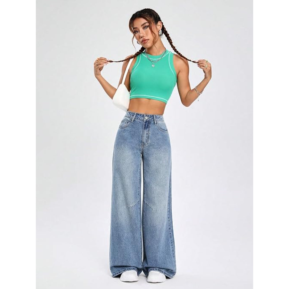 Women High Waisted Aquamarine Blue Jeans