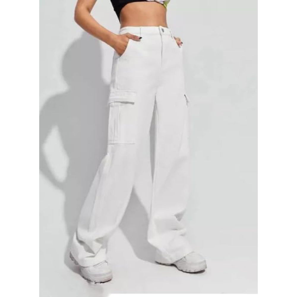 Women High Waist Cargo White Jeans