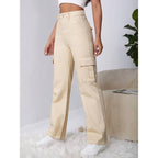 Women High Waist Cargo Cream Jeans