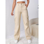 Women High Waist Cargo Cream Jeans