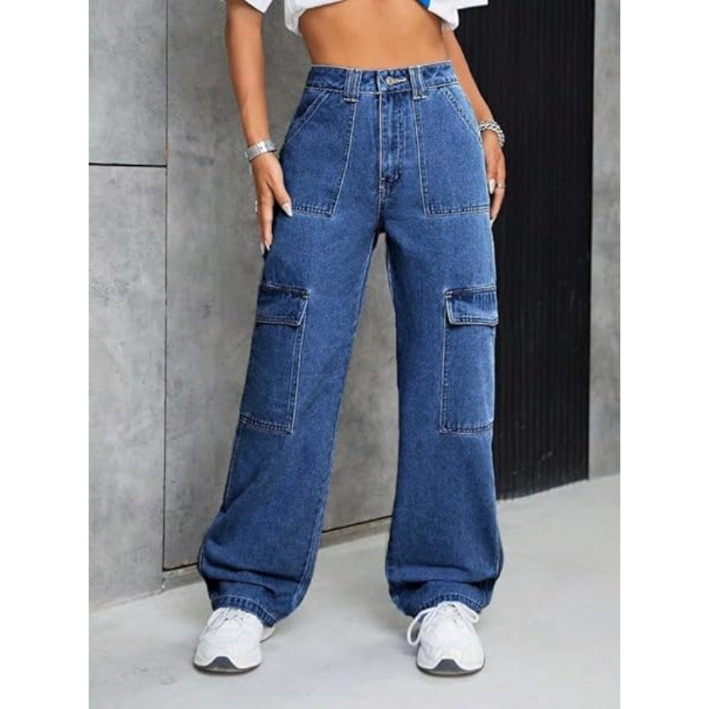 Women High Waist Cargo Dark Blue Jeans