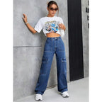 Women High Waist Cargo Dark Blue Jeans