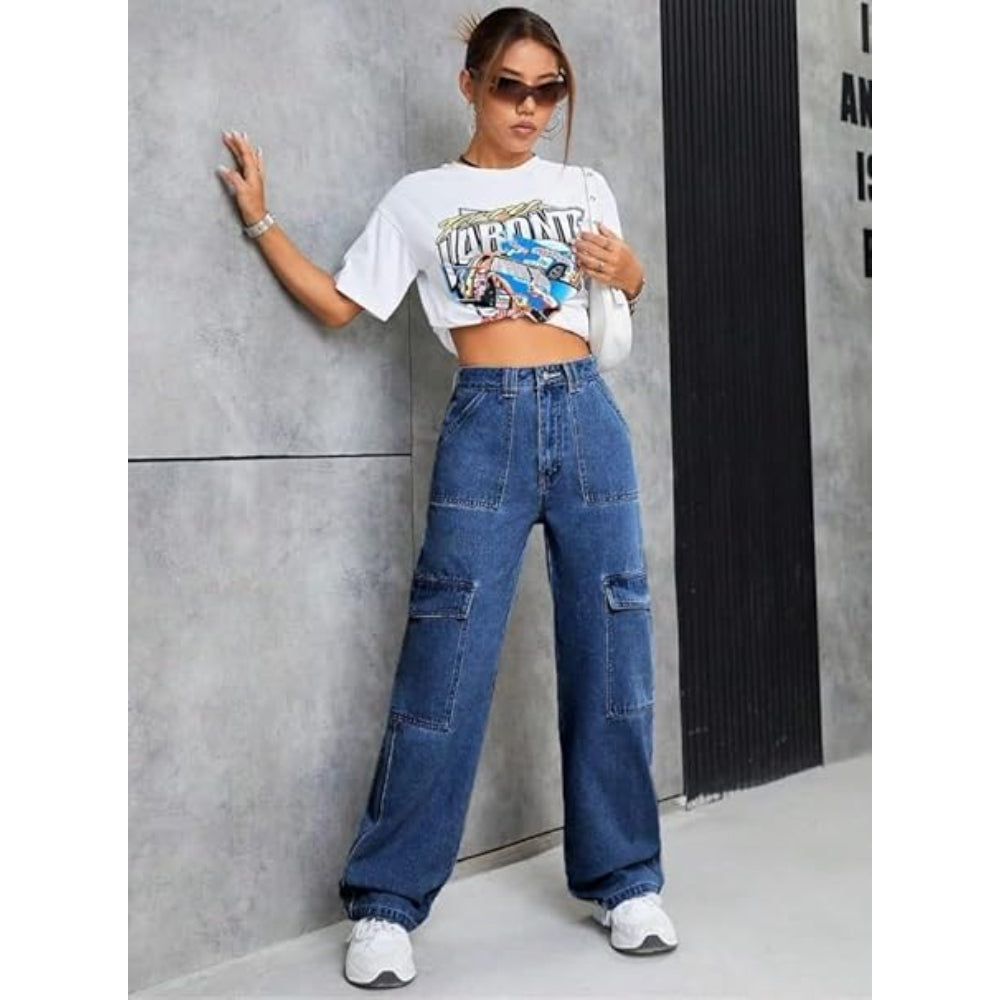 Women High Waist Cargo Dark Blue Jeans
