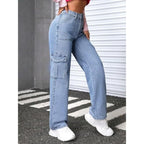 Women High Waist Cargo Light Blue Jeans