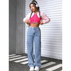 Women High Waist Cargo Light Blue Jeans