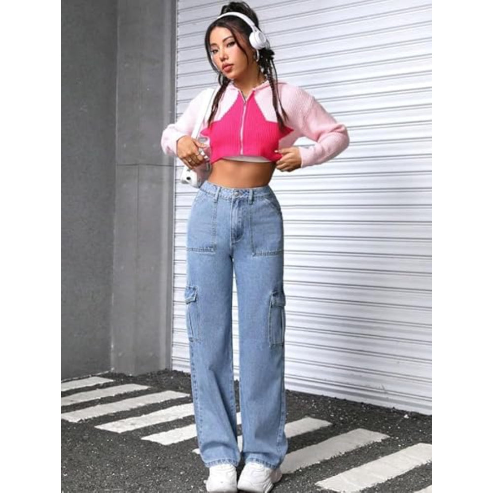 Women High Waist Cargo Light Blue Jeans