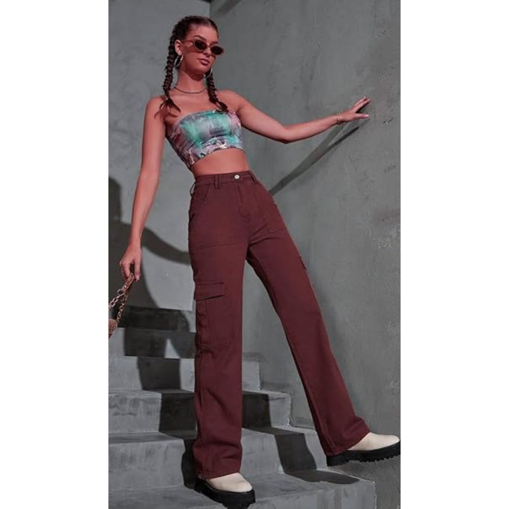 Women High Waist Cargo Brown Jeans