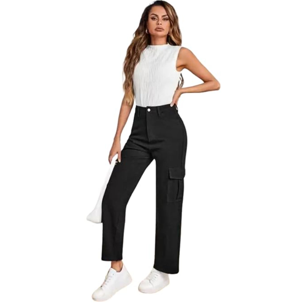 Women Stretchable Cargo Black Joggers