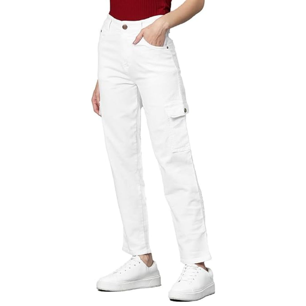 Women Stretchable Cargo White Joggers