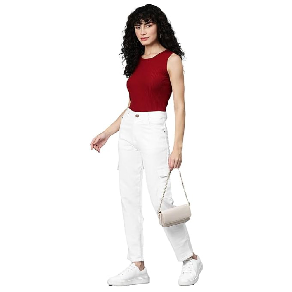 Women Stretchable Cargo White Joggers