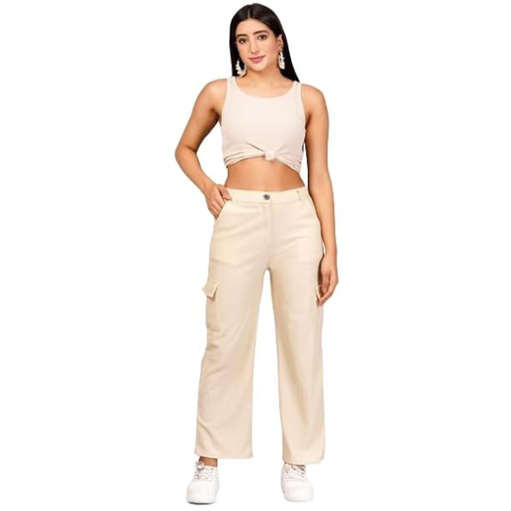 Women Cargo Baggy Cream Jeans