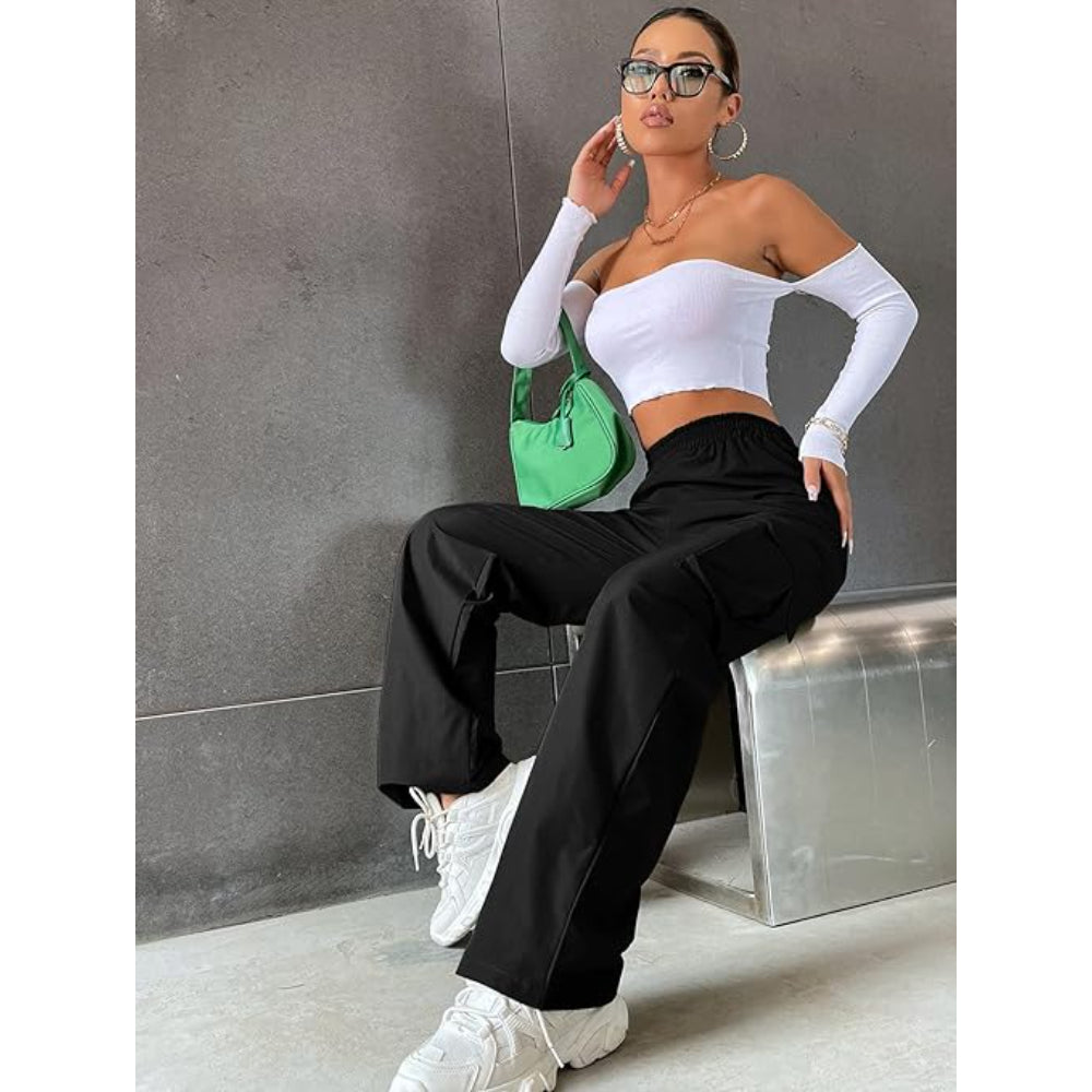 Women Solid Cargo Black Pants