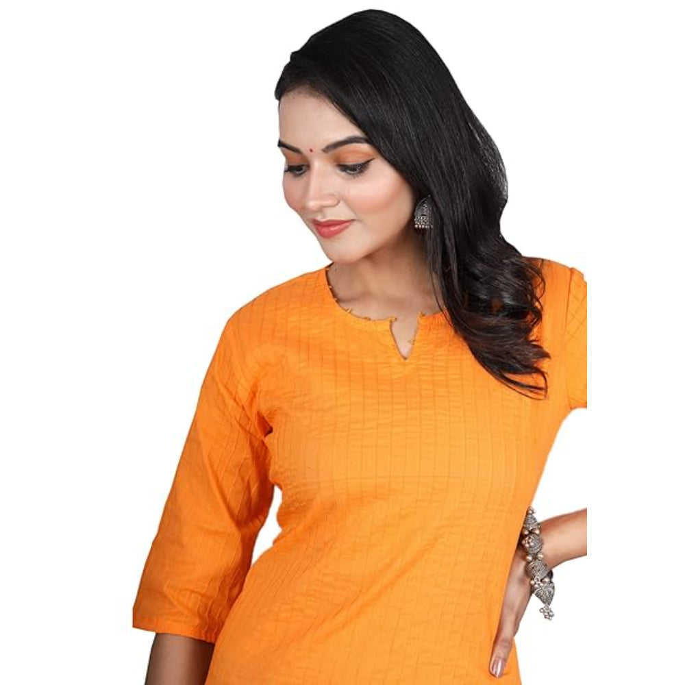Orange Women Cotton V-Neck Short Kurtis