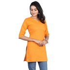 Orange Women Cotton V-Neck Short Kurtis