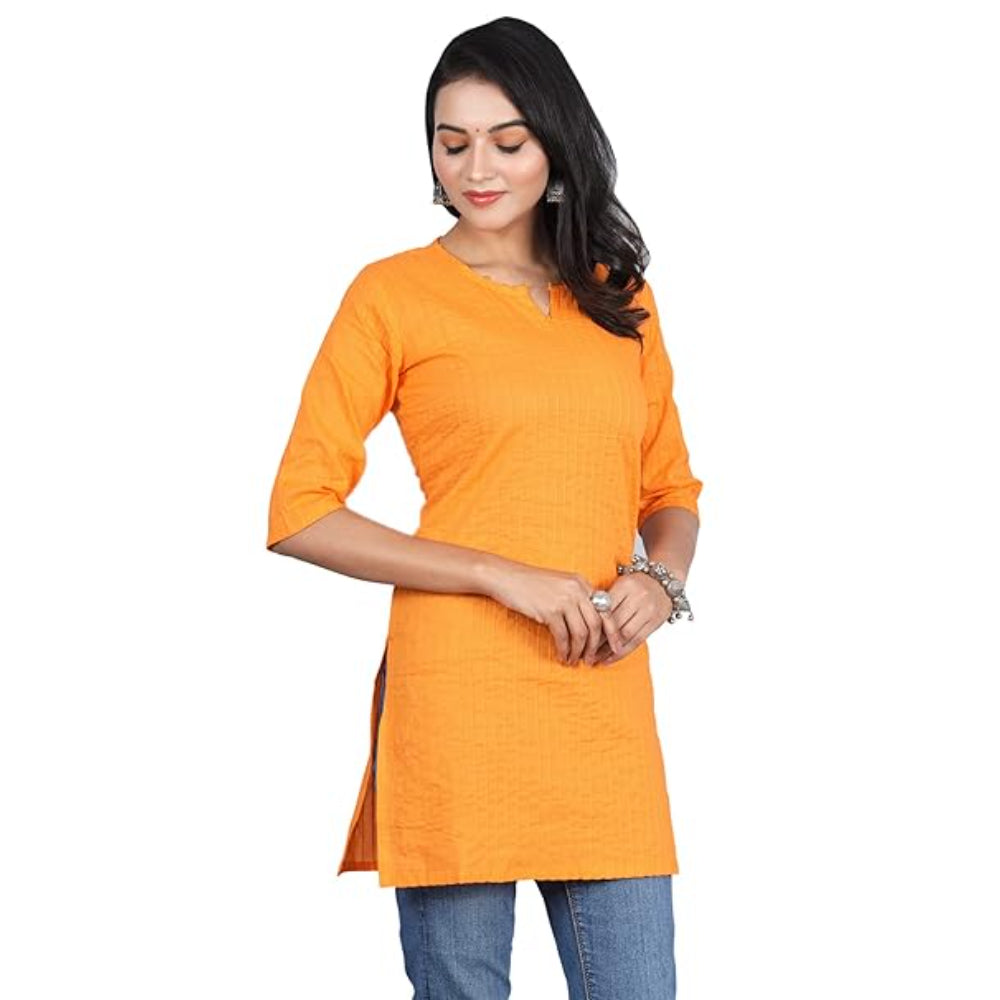 Orange Women Cotton V-Neck Short Kurtis