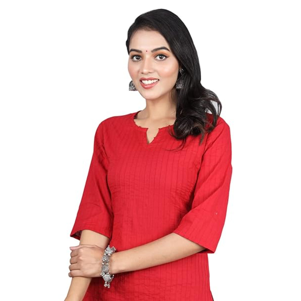 Red Women Cotton V-Neck Short Kurtis