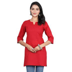 Red Women Cotton V-Neck Short Kurtis