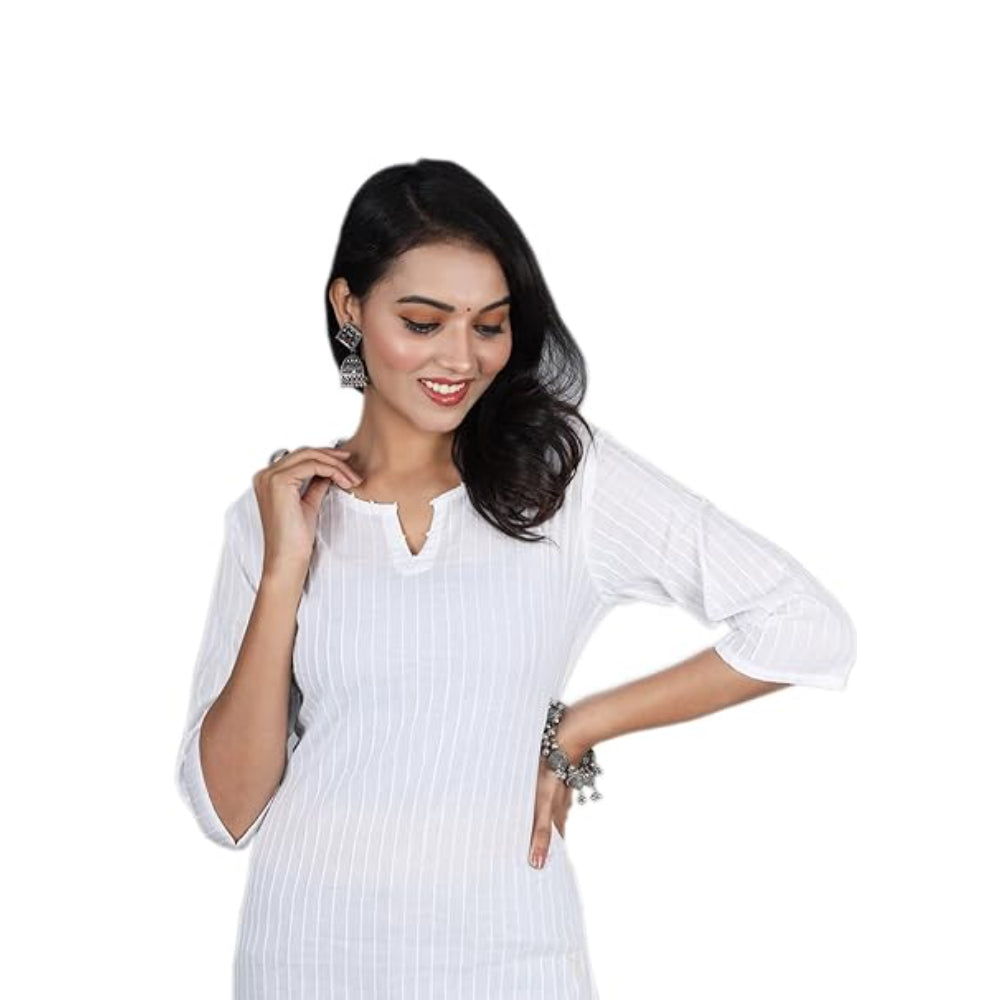 White Women Cotton V-Neck Short Kurtis