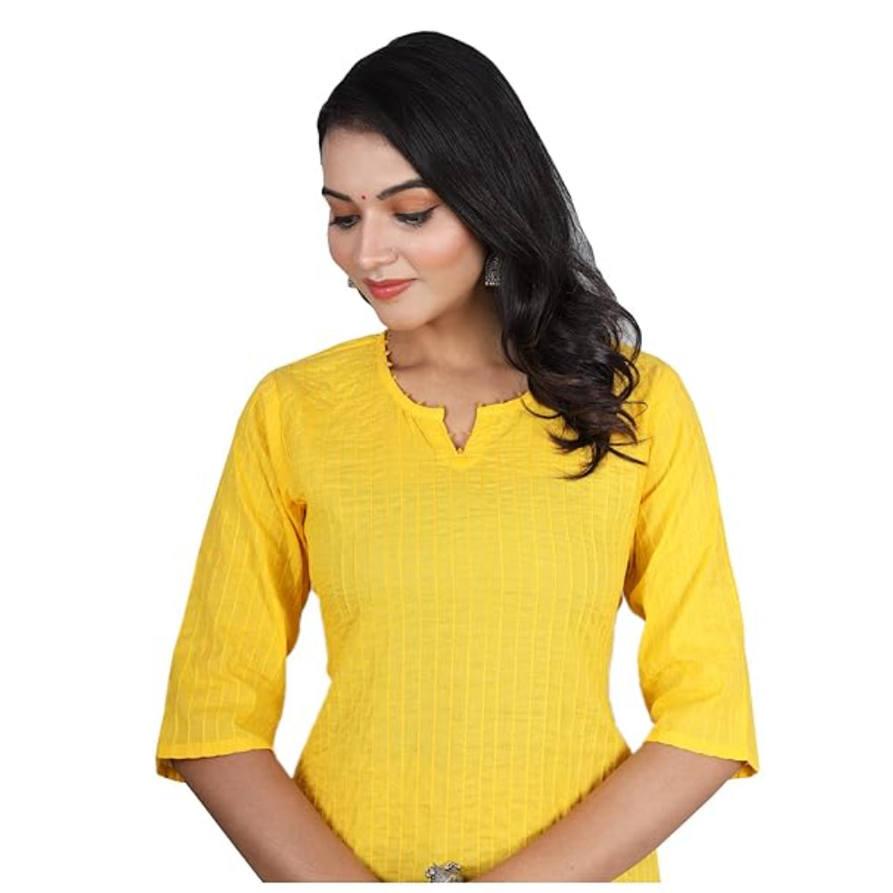 Yellow Women Cotton V-Neck Short Kurtis