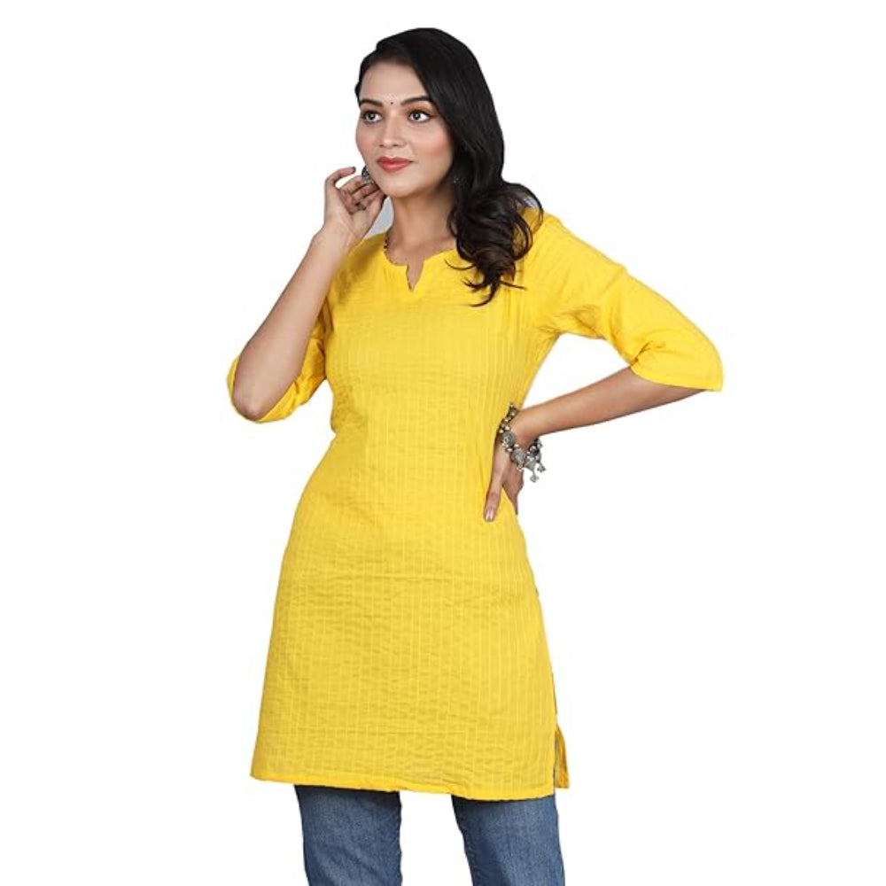 Yellow Women Cotton V-Neck Short Kurtis