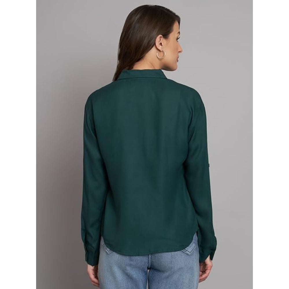 Women Long Sleeves Cotton Bottle Green Shirt