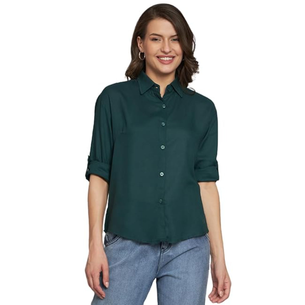 Women Long Sleeves Cotton Bottle Green Shirt