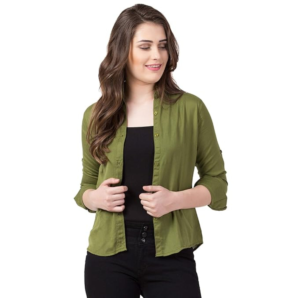 Women Long Sleeves Cotton Green Shirt