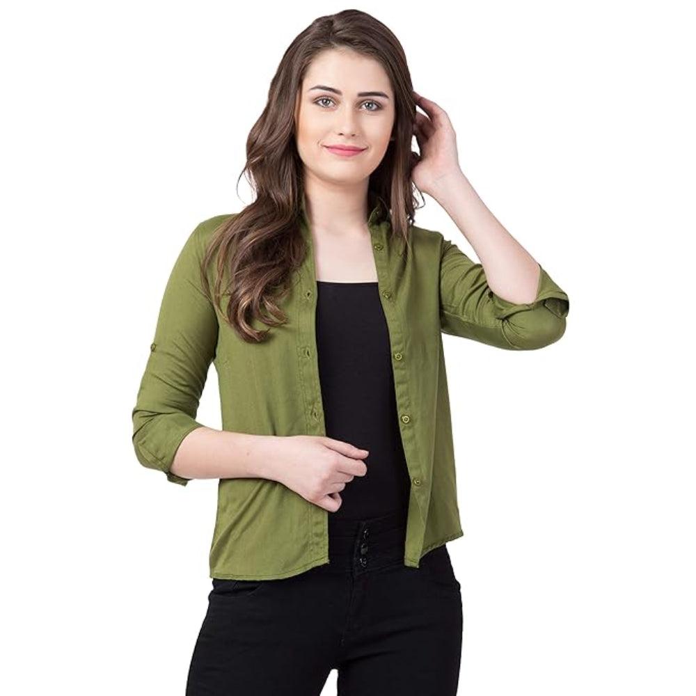 Women Long Sleeves Cotton Green Shirt