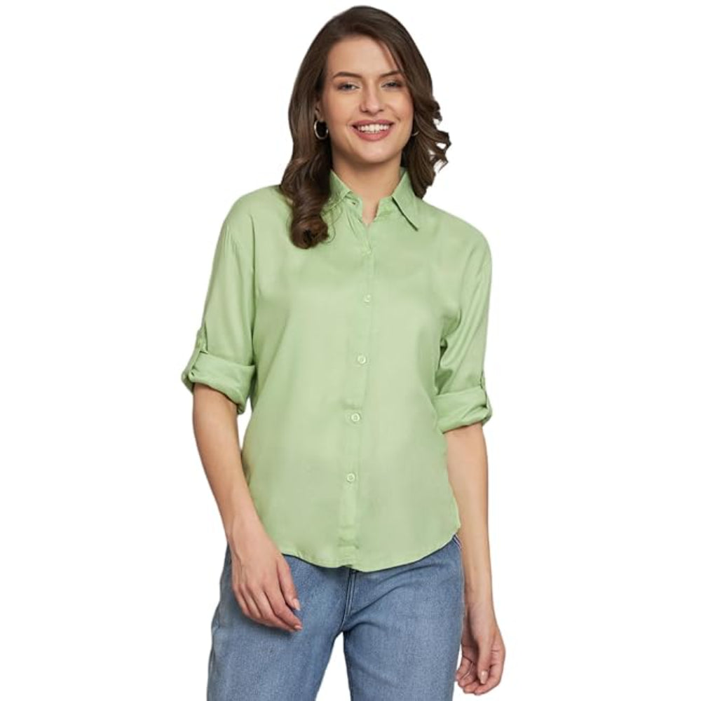 Women Long Sleeves Cotton Pista Green Shirt