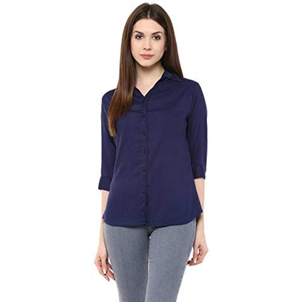 Women Long Sleeves Cotton Blue Shirt