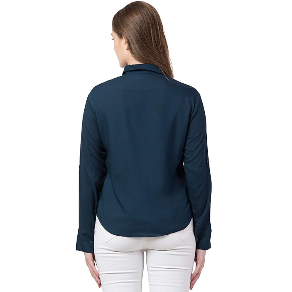 Women Long Sleeves Cotton Dark Blue Shirt