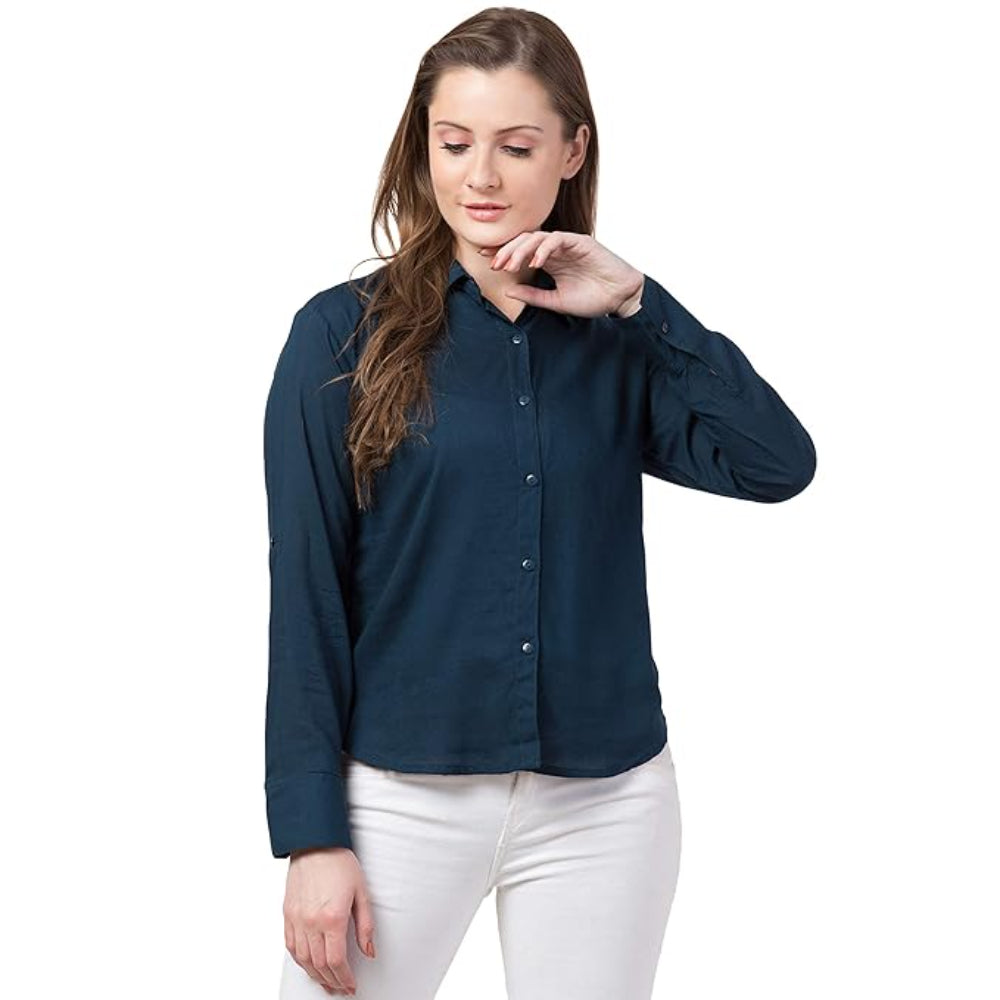 Women Long Sleeves Cotton Dark Blue Shirt