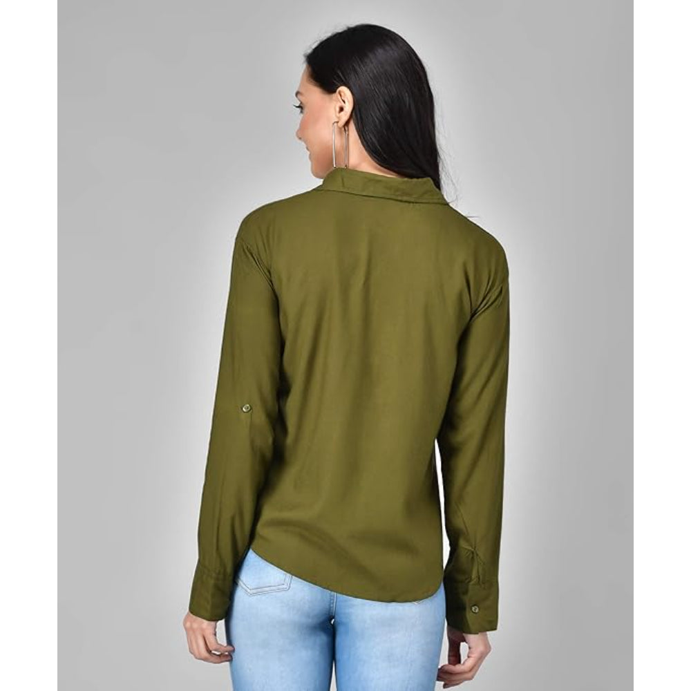 Women Long Sleeves Cotton Olive Green Shirt