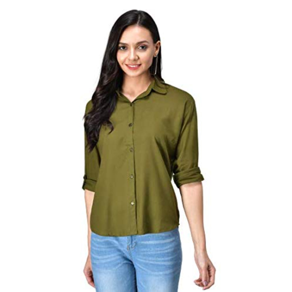 Women Long Sleeves Cotton Olive Green Shirt