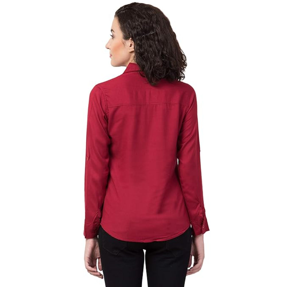 Women Long Sleeves Cotton Maroon Shirt